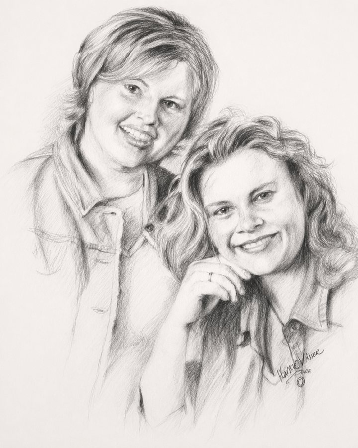 Getekend dubbelportret van twee vrouwen naast elkaar