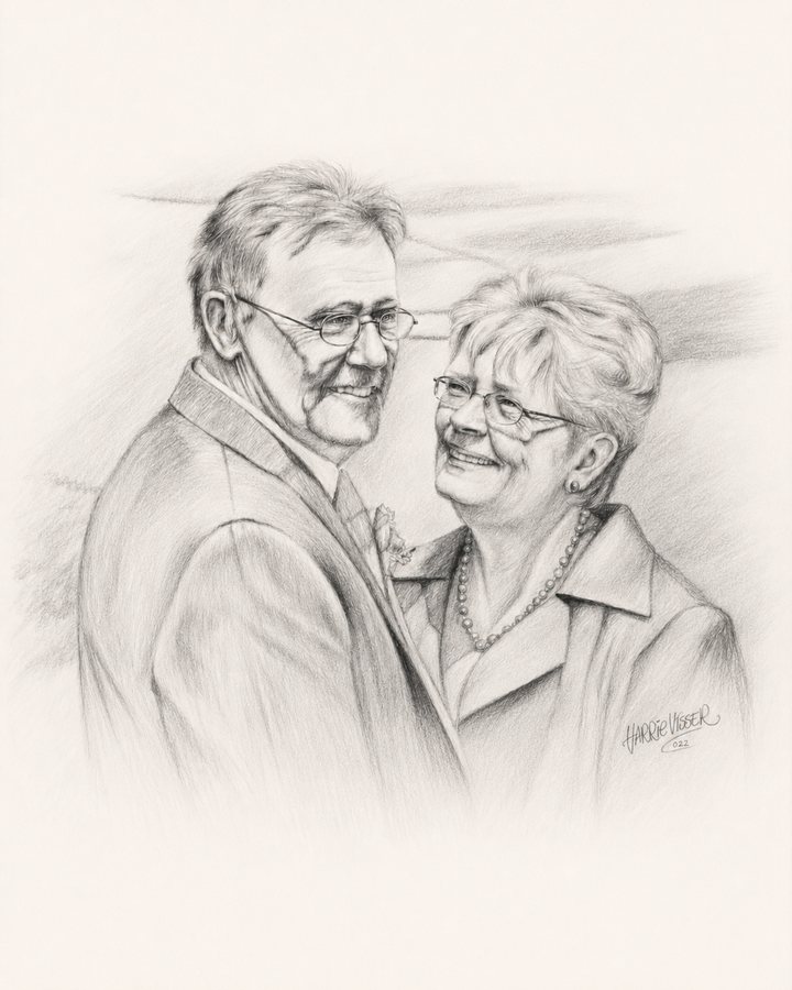 Getekend portret van een lachend echtpaar