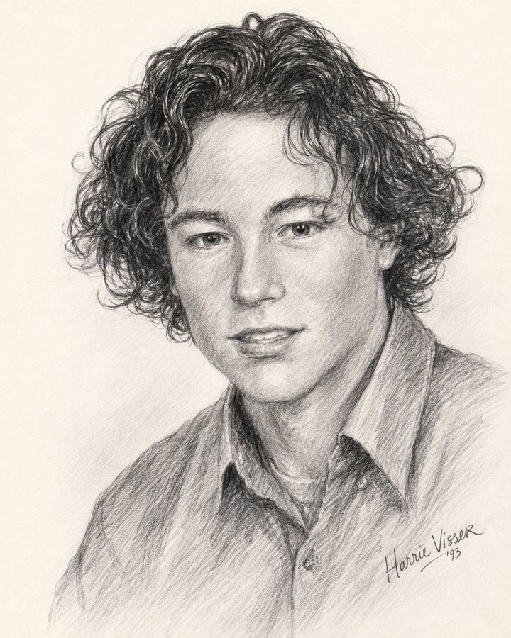 Conté-portret van een jonge man met krullend haar