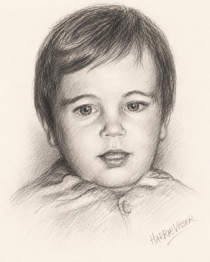 Conté-portret van een kind met donker haar