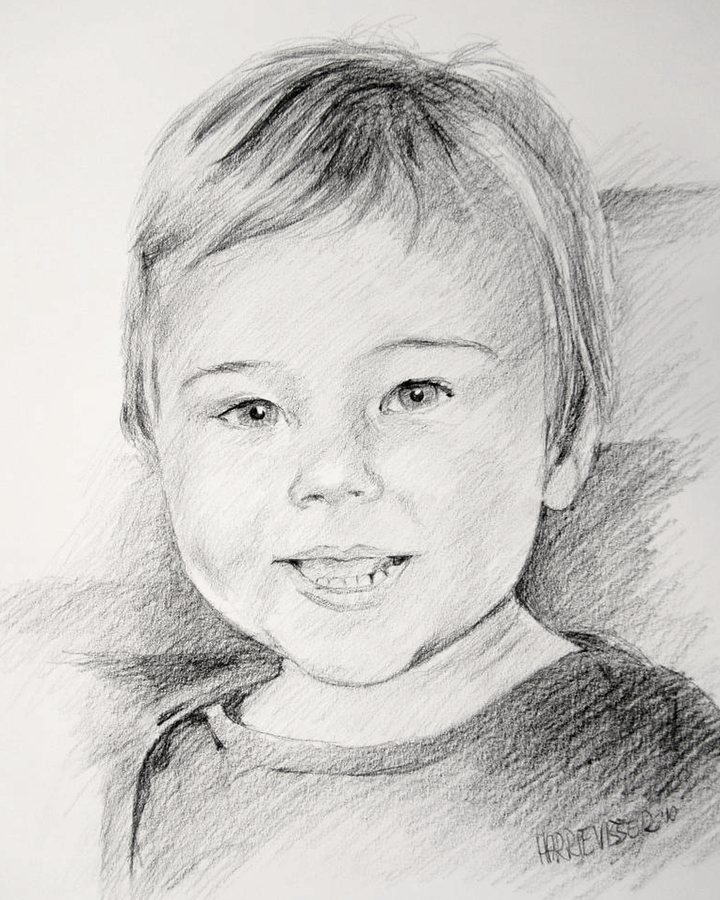 Conté-portret van een lachend jong kind