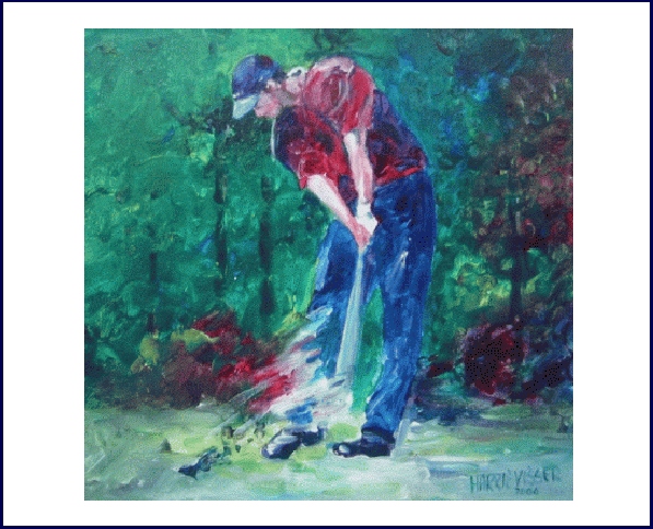 Geschilderd werk in kleur van een golfer in beweging